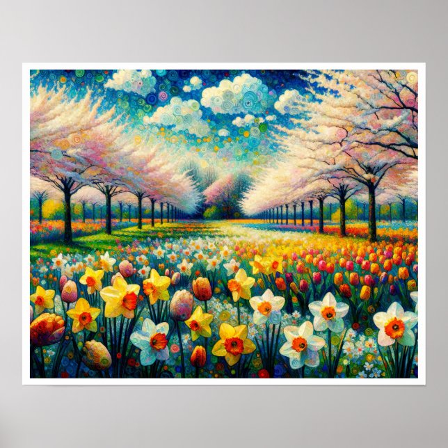Cherry Blossom Spring Daffodils Vibranry Abstrakt Poster (Vorne)