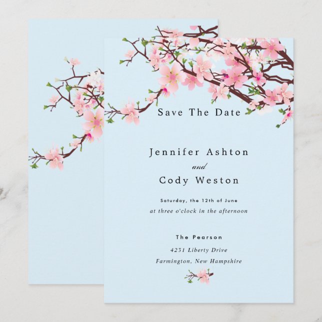 Cherry Blossom Spring Wedding Save the Date Blue (Vorne/Hinten)