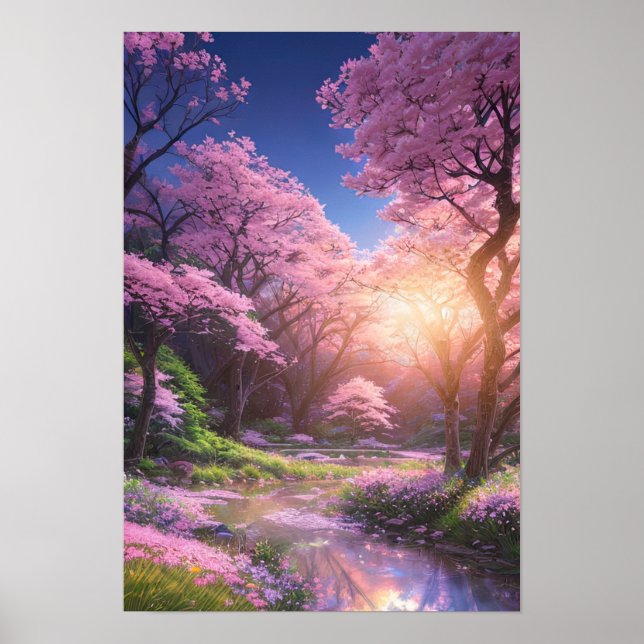 Cherry Blossom Stream mit Sonnenuntergang Poster (Vorne)