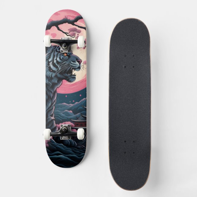 Cherry Blossom Tiger japanische Kunst Skateboard (Vorderseite)