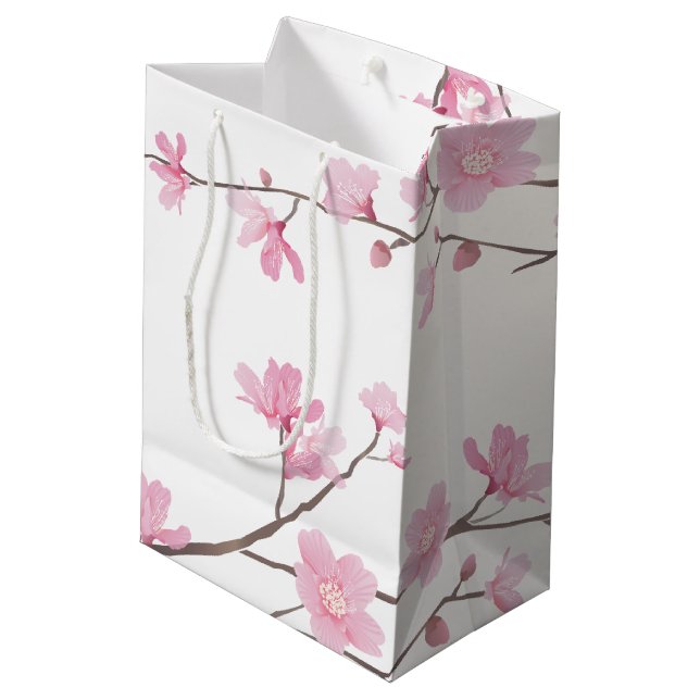 Cherry Blossom - Transparenter Hintergrund Mittlere Geschenktüte (Rückseite Schrägansicht)