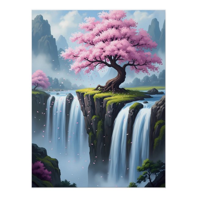 Cherry Blossom Tree Above Waterfalls Poster (Vorderseite)