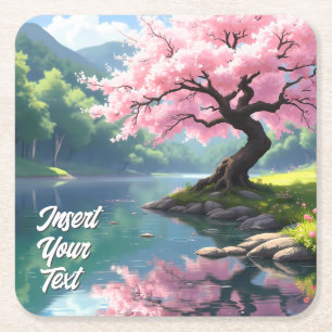 Cherry Blossom Tree by River Tranquil Landschaft Rechteckiger Pappuntersetzer