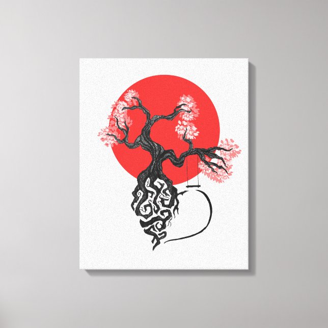 Cherry Blossom Tree mit japanischer Sonne Leinwanddruck (Vorderseite)