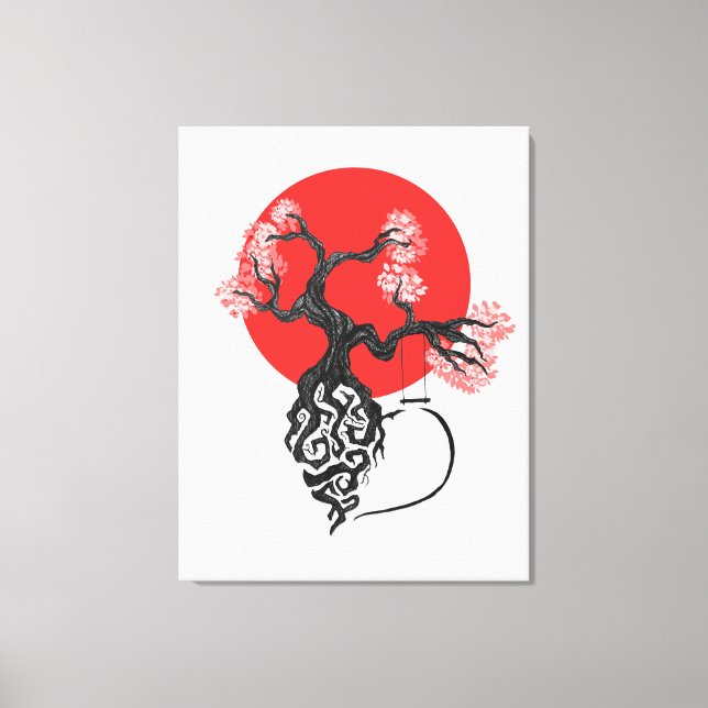 Cherry Blossom Tree mit japanischer Sonne Leinwanddruck (Vorderseite)