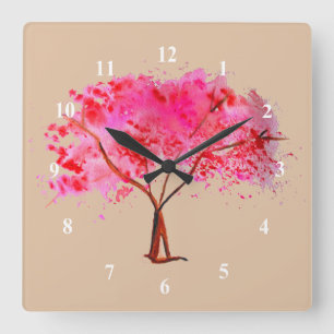 Cherry Blossom tree modern floral watercolor art Quadratische Wanduhr