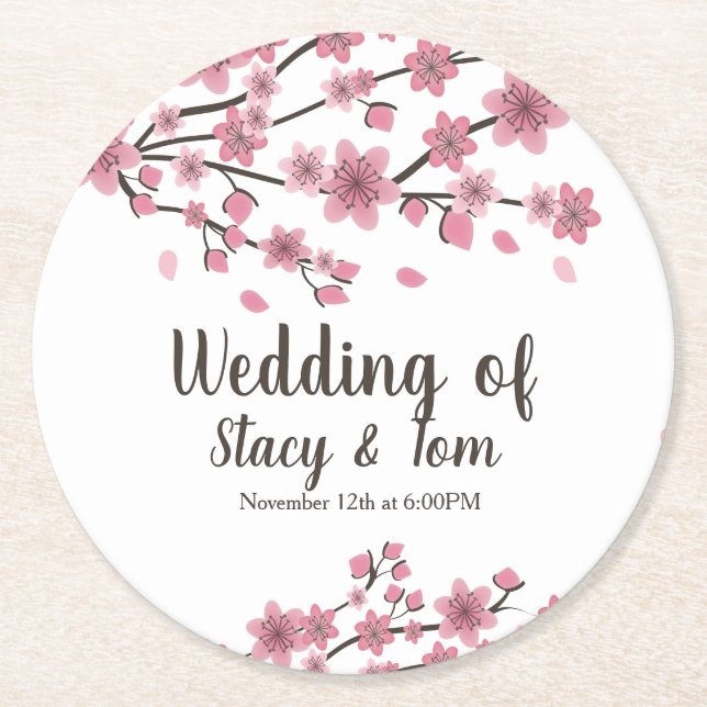 Cherry Blossom Tree Petals Pink Wedding Runder Pappuntersetzer (Vorderseite)