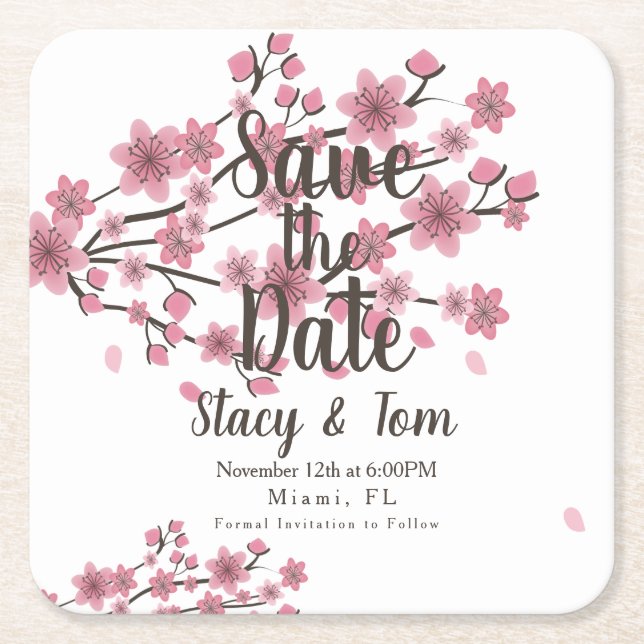 Cherry Blossom Tree Petals Save the Date Rechteckiger Pappuntersetzer (Vorderseite)