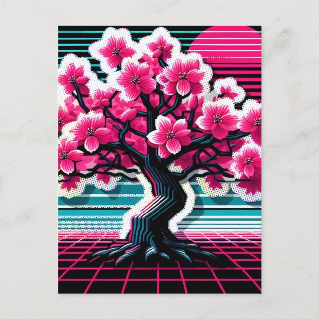 Cherry Blossom Tree Synthwave 803 Postkarte (Vorderseite)