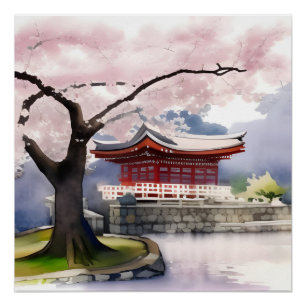 Cherry Blossom Tree und Pavillon Wasserfarbe Poster