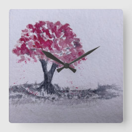 Cherry Blossom Tree Watercolor Originalkunst Quadratische Wanduhr