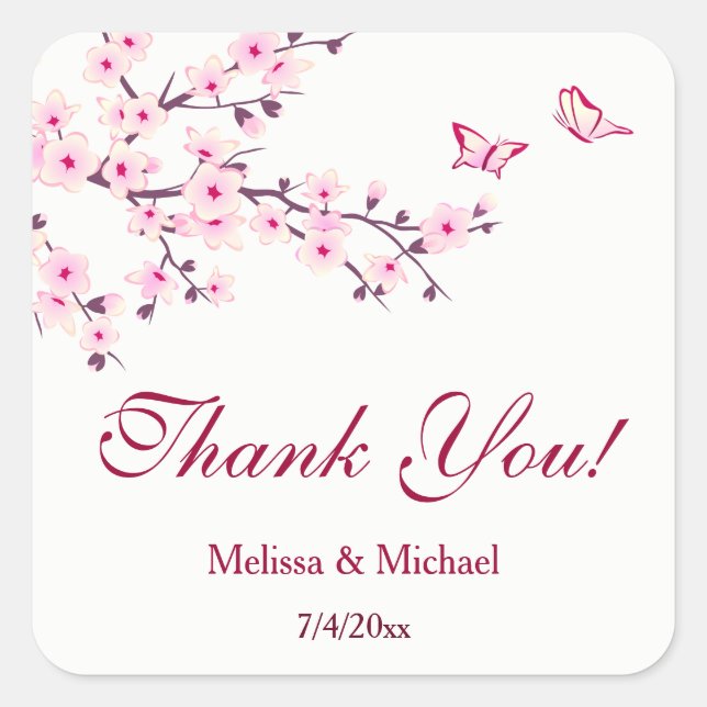 Cherry Blossom Vielen Dank Gastgeschenk Hochzeit Quadratischer Aufkleber (Vorderseite)