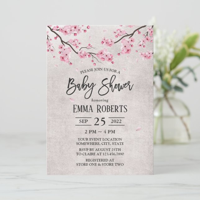 Cherry Blossom Vintag Floral Baby Dusche Einladung (Stehend Vorderseite)