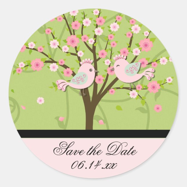 Cherry Blossom Vögel Save the Date rund Stickers (Vorderseite)