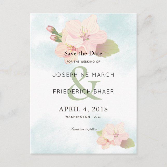 Cherry Blossom Wasserfarbe Save the Date Postkarte (Vorderseite)