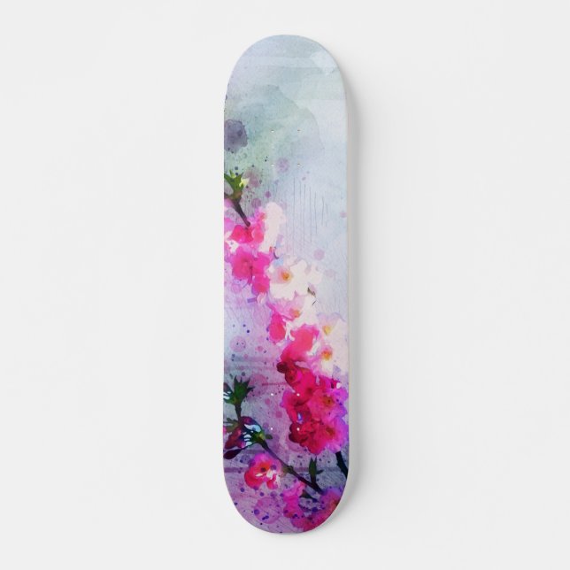 Cherry Blossom Wasserfarben Kunst, Dichtung und Mu Skateboard (Vorne)