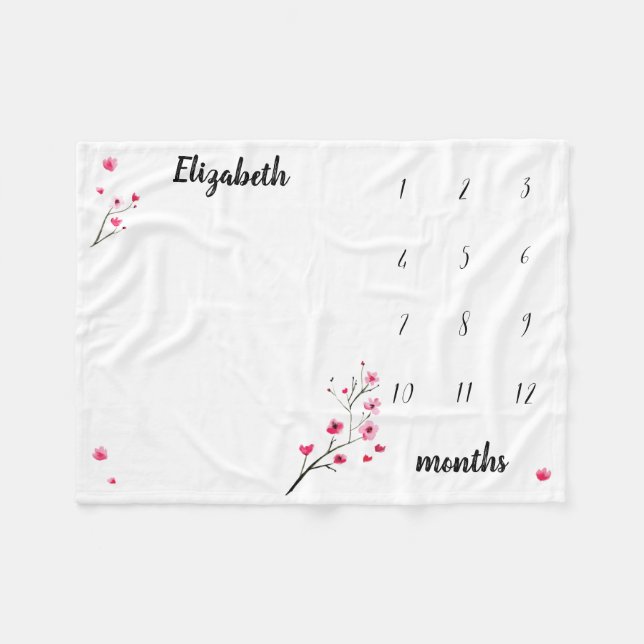Cherry Blossom Watercolor Babymilestone Fleecedecke (Vorderseite (Horizontal))