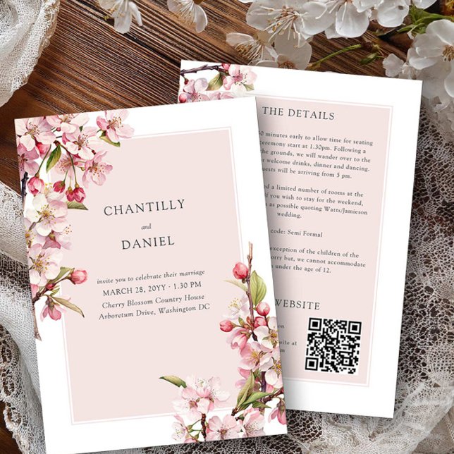 Cherry Blossom Wedding Details und Website Einladung (Wedding invitation with details and qr code - Cherry Blossom Wedding Collection by Darling & May)