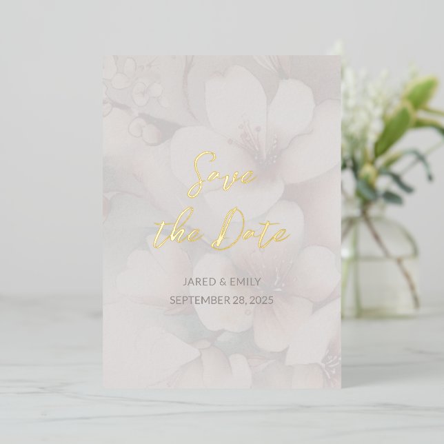 Cherry Blossom Wedding Foil Save the Date Folieneinladung (Stehend vorne)