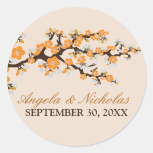 Cherry Blossom Wedding Invitation Siegel (orange) Runder Aufkleber