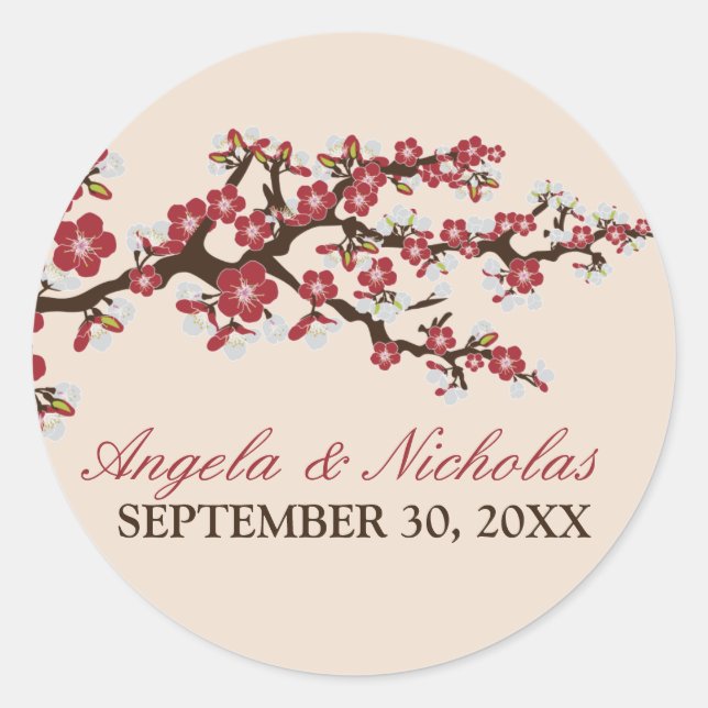 Cherry Blossom Wedding Invitation Siegel (rot) Runder Aufkleber (Vorderseite)