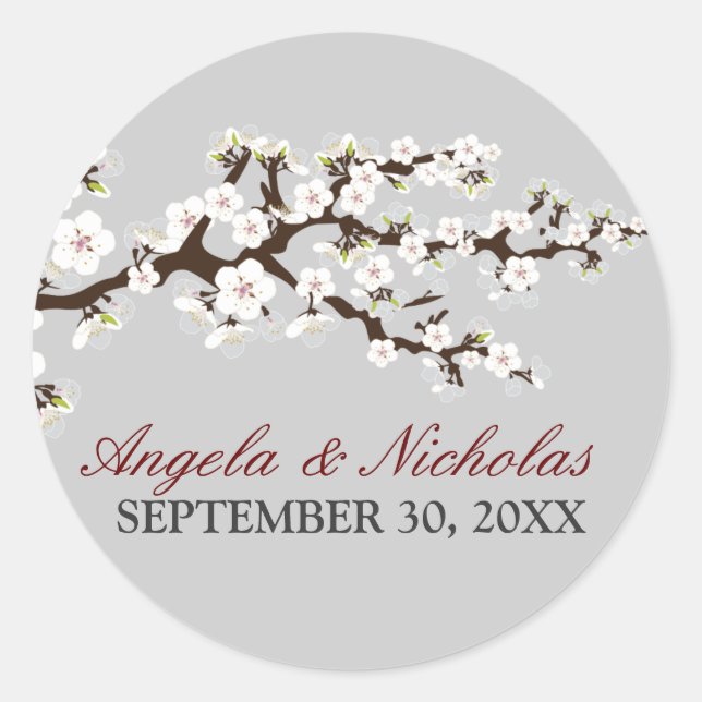 Cherry Blossom Wedding Invitation Siegel (silber) Runder Aufkleber (Vorderseite)