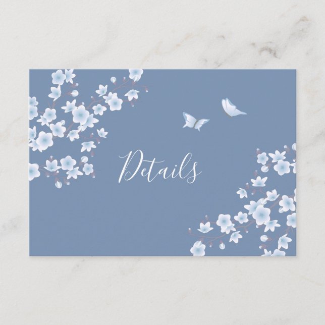 Cherry Blossom White Dusty Blue Wedding Details Begleitkarte (Vorderseite)