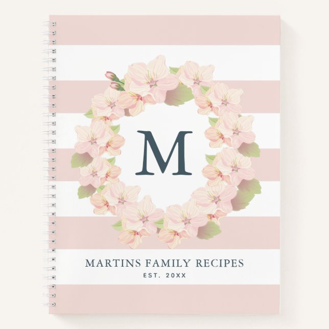 Cherry Blossom Wreath Monogram Family Rezept Notizbuch (Vorderseite)