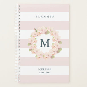 Cherry Blossom Wreath Monogram Pink Stripe Planer