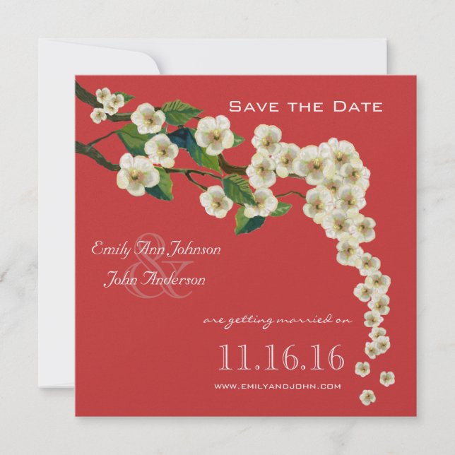 Cherry Blossoms Branch Red Save the Date Einladung (Vorderseite)