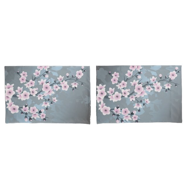 Cherry Blossoms Dusky Pink Grayish Blue Floral Kissenbezug (Vorderseite-Set)