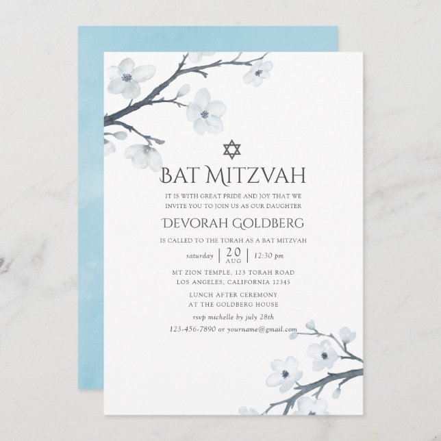 Cherry Blossoms Floral Bat Mitzvah Einladung (Vorne/Hinten)