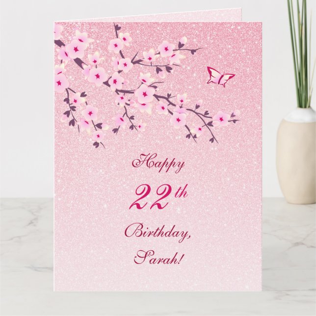 Cherry Blossoms Happy Birthday Pink Glitzer Karte (Vorderseite)