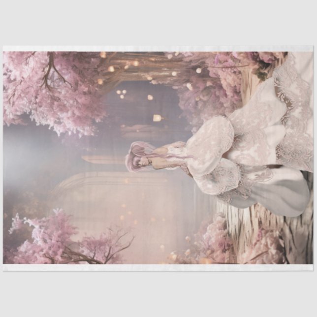 Cherry Blossoms Lady in weißem Portrait Art Seidenpapier (Vorderseite)