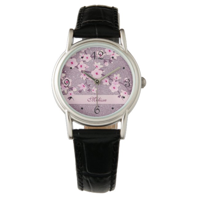 Cherry Blossoms Mauve Glitzer Monogram Armbanduhr (Vorderseite)