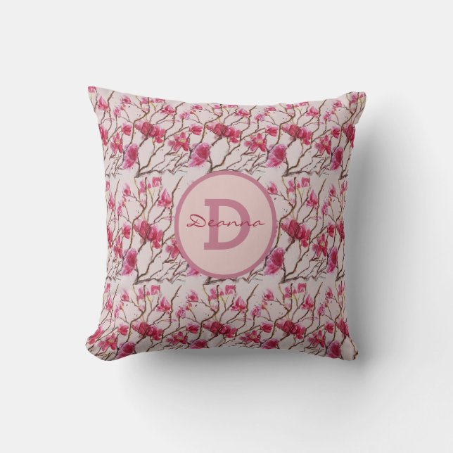Cherry Blossoms Monogramm Wasserfarbe Kissen (Vorderseite)