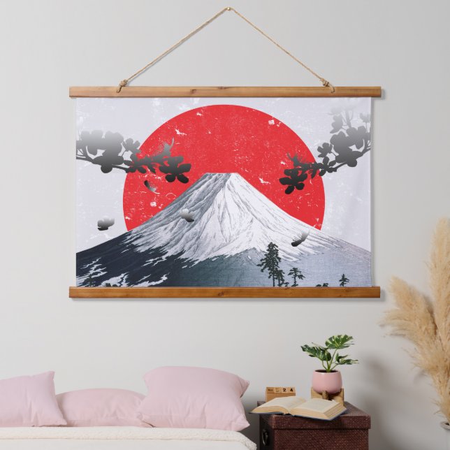 Cherry Blossoms Mount Fuji Japan Wandteppich Mit Holzrahmen (Schlafzimmer)