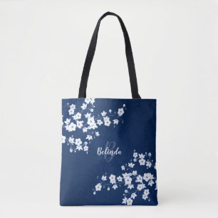 Cherry Blossoms Navy Blue White Monogram Totbeutel