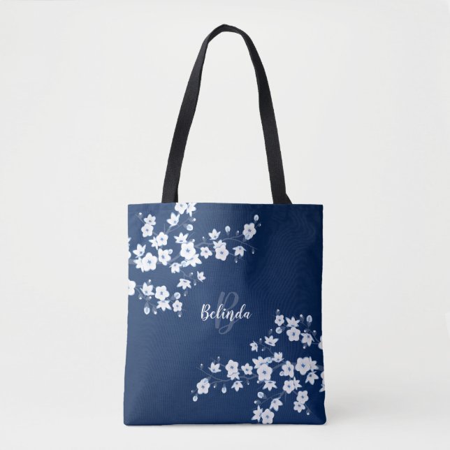 Cherry Blossoms Navy Blue White Monogram Totbeutel (Vorderseite)