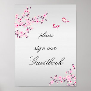 Cherry Blossoms Pink Gray Sign Guestbook  Poster