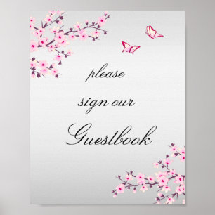 Cherry Blossoms Pink Gray Sign Guestbook Poster