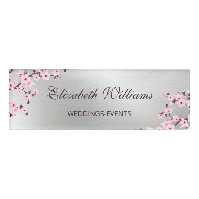 Cherry Blossoms Pink Silver Namenschild (Vorderseite)