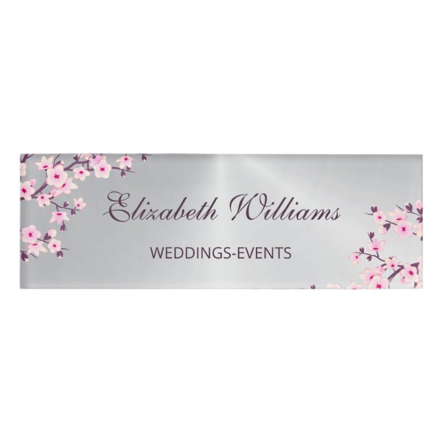 Cherry Blossoms Pink Silver Namenschild (Vorderseite)