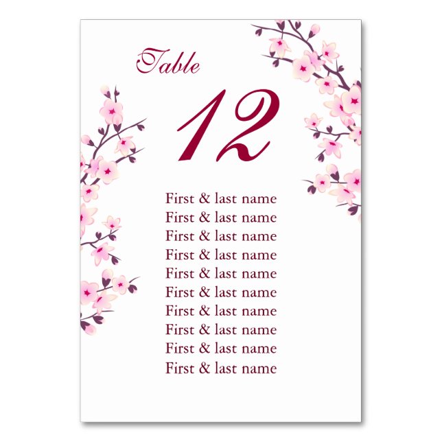 Cherry Blossoms Pink Wedding Guest Names Tischnummer (Vorderseite)