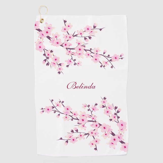 Cherry Blossoms Pink White Monogram Golfhandtuch (Vorderseite)