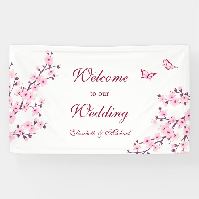 Cherry Blossoms Pink White Wedding Banner (Horizontal)