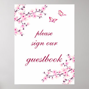 Cherry Blossoms Pink White Wedding Guest Book Poster