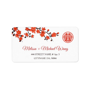 Cherry Blossoms Red White   Chinesische Hochzeit Adressaufkleber