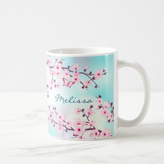 Cherry Blossoms Rosa Türkis Monogramm Tasse (Rechts)