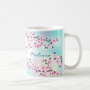 Cherry Blossoms Rosa Türkisfarbene Monogramm-Tasse Kaffeetasse